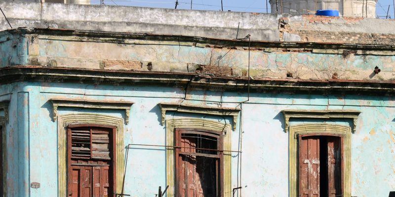 Broken-down balconies in need of repair, in Old Havana, Cuba.